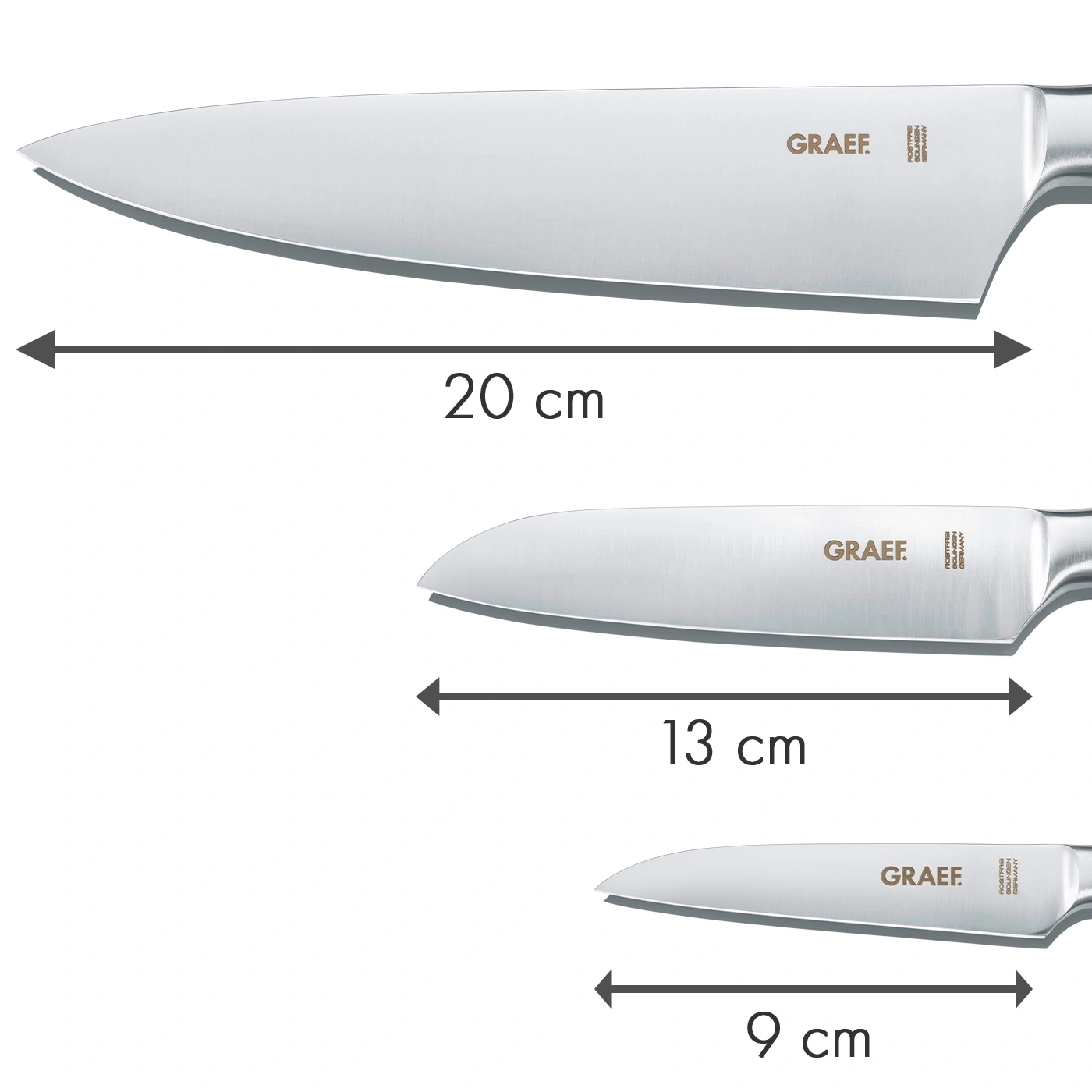 Messer mit Längenangaben: 20 cm, 13 cm, 9 cm. Marke: GRAEF. Rostfrei Solingen Germany.