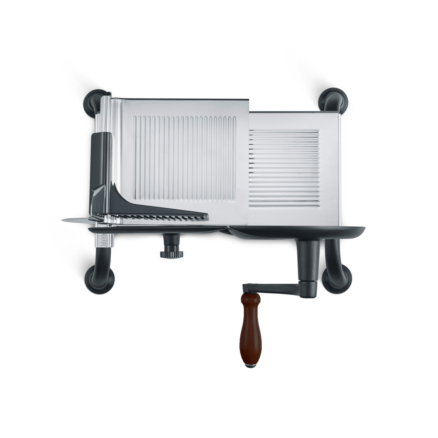 Affettatrice, elettrodomestico, metallo, legno, manovella, sfondo bianco, primo piano