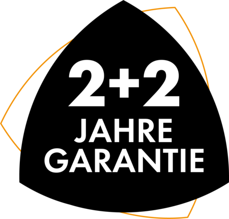 Schwarzes Schild mit weißem Text: +2 Jahre Garantie, goldene Umrandung