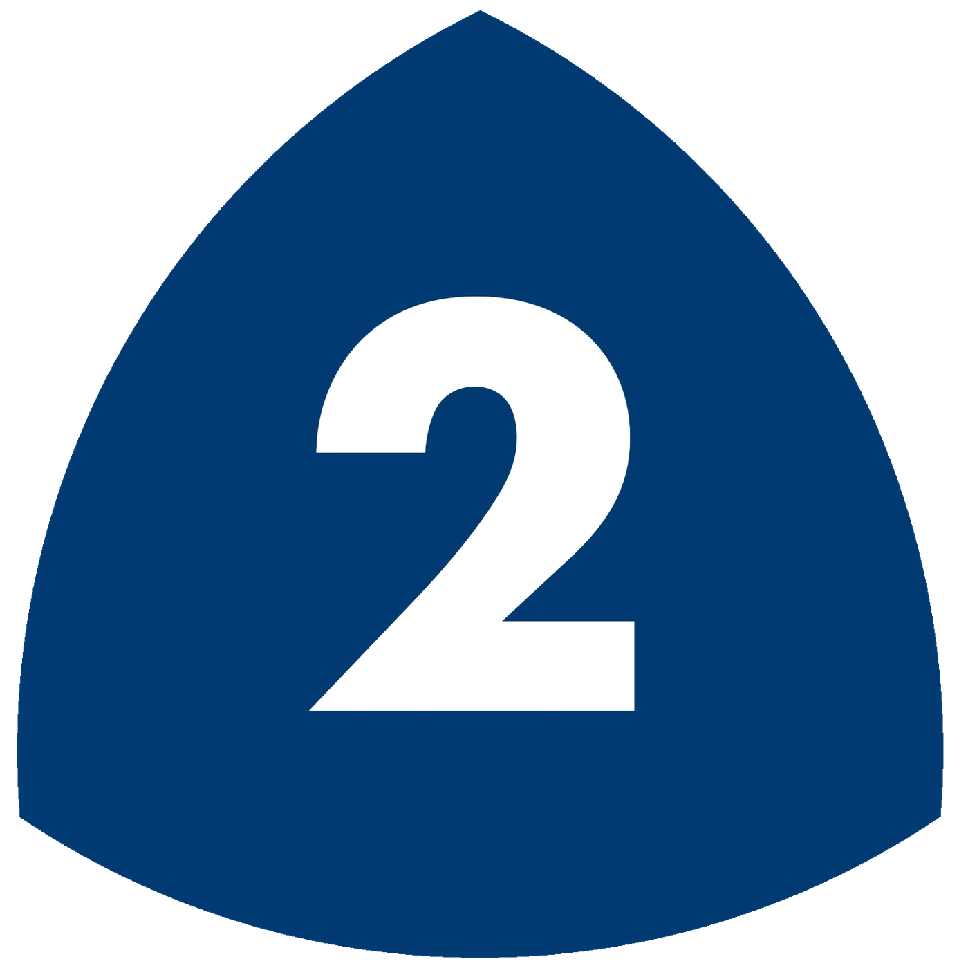 Blaues Dreieck mit weißer Zahl 2, Autobahnschild, Verkehrsschild, Nummer zwei