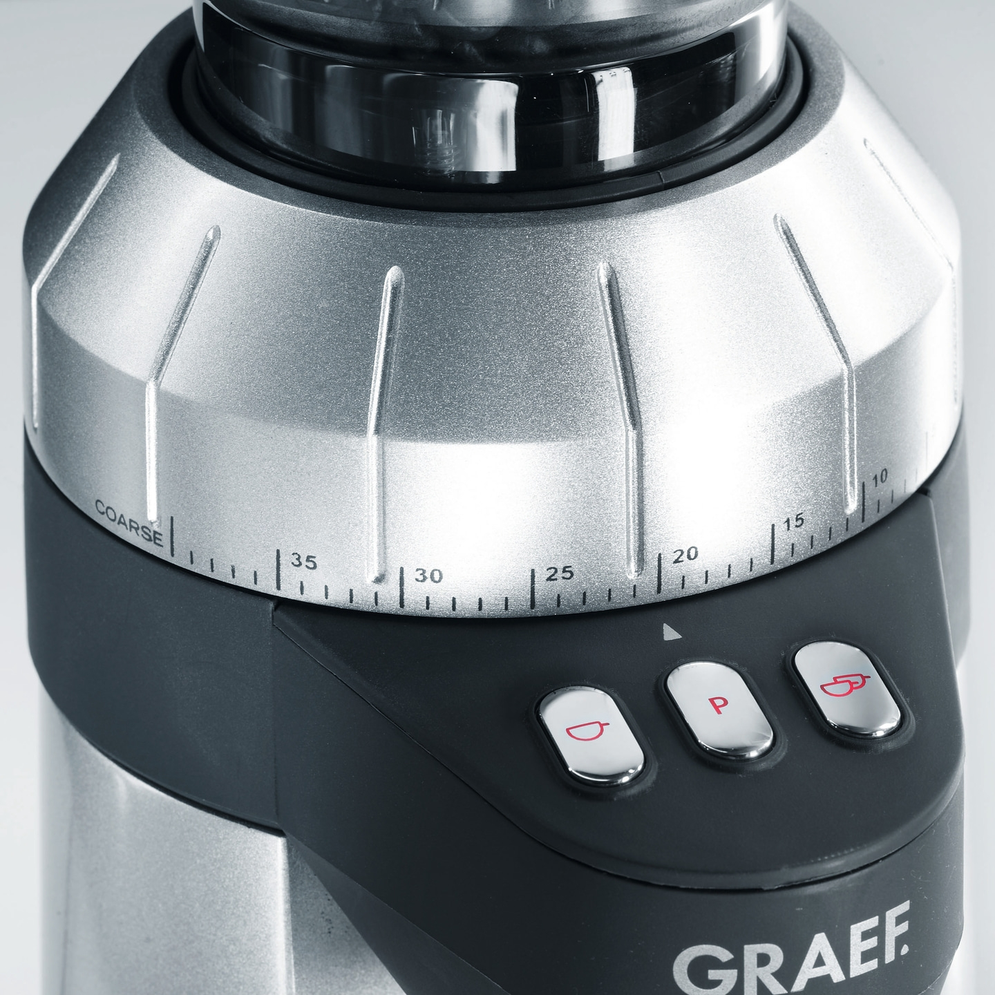 Coffee grinder with grind size settings and buttons for brewing options.