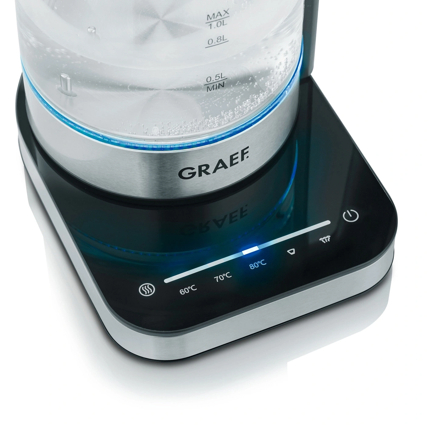 Wasserkocher mit Temperaturregelung, Glas und Edelstahl, GRAEF-Marke, 80°C-Einstellung, modernes Design.