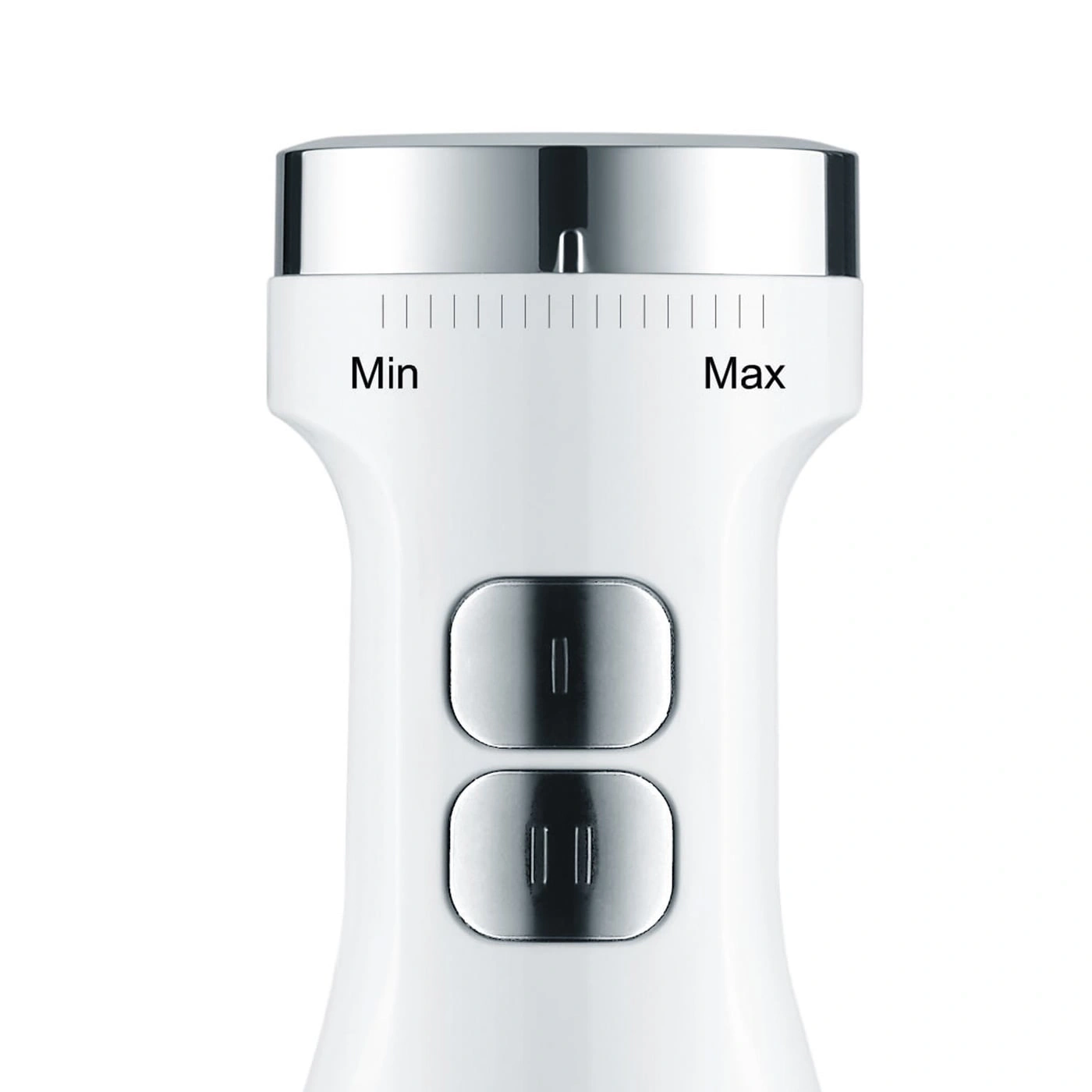 Weißes Gerät mit Knöpfen, Min und Max Markierungen, Drehregler, Küchengerät, Mixer