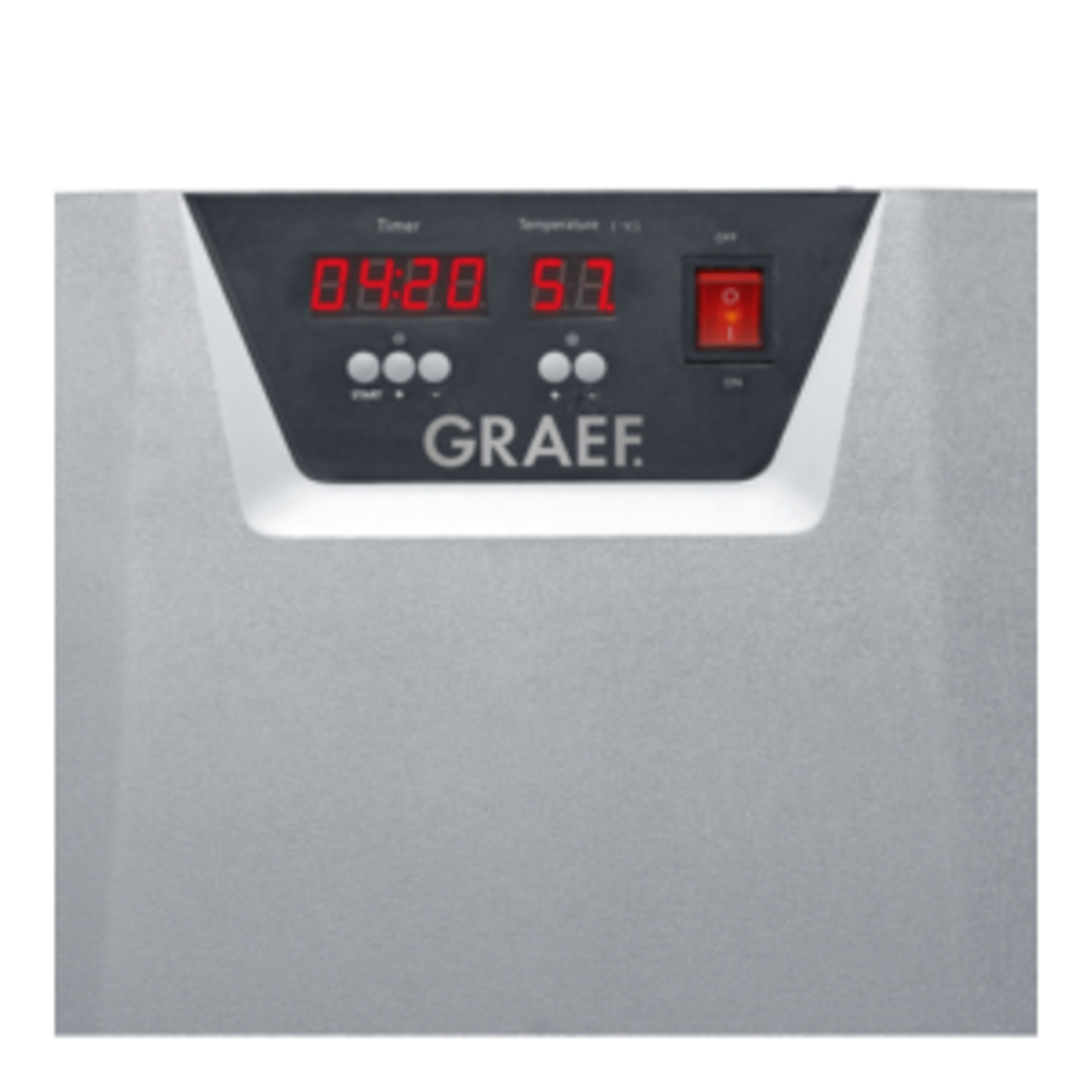 Graef Gerät mit roter Anzeige für Timer und Temperatur, sowie Ein-Aus-Schalter.