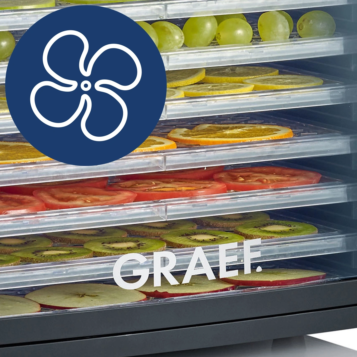 Lebensmitteltrockner mit Obst und Gemüse, GRAEF-Logo, blaues Symbol.