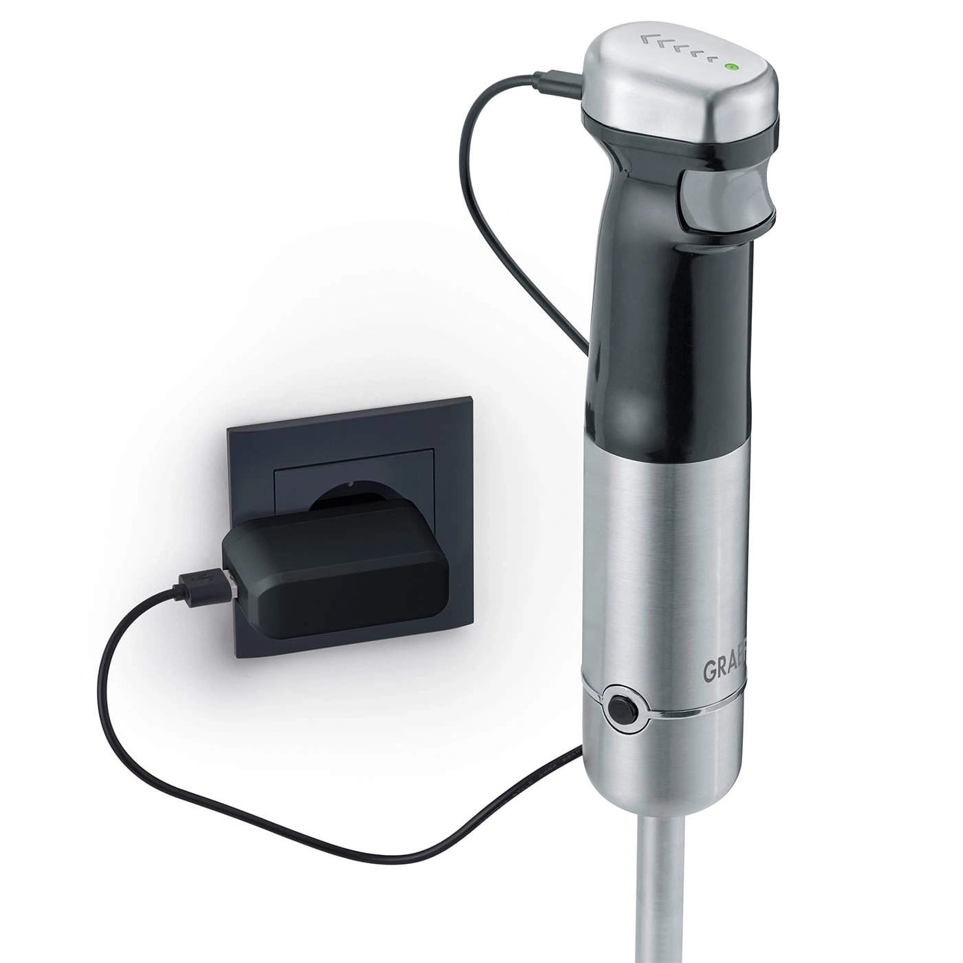 Stabmixer mit Ladegerät an der Wand, schwarz und silber