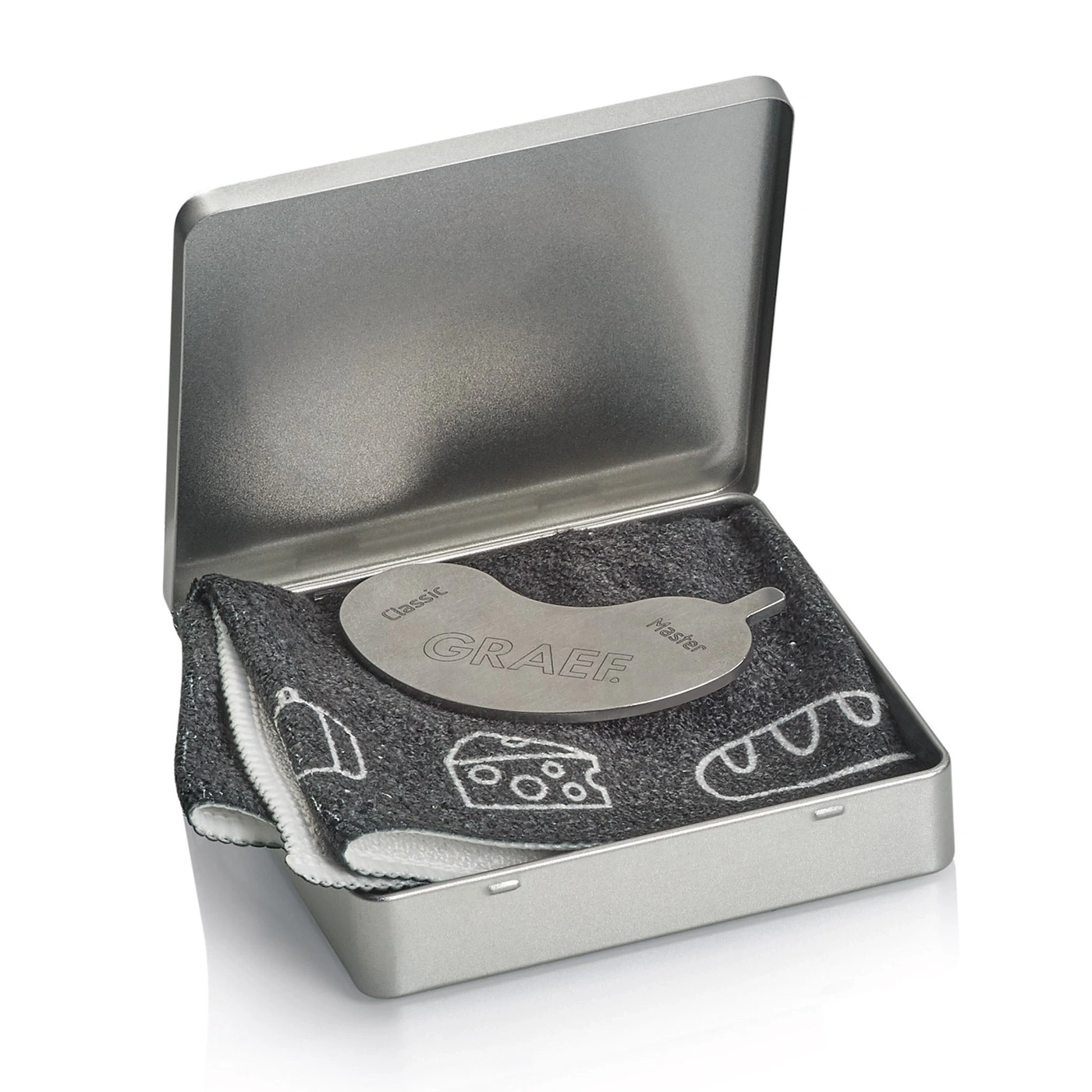 Metallbox mit Werkzeug und Tuch, GRAEF-Logo, für Lebensmittel.