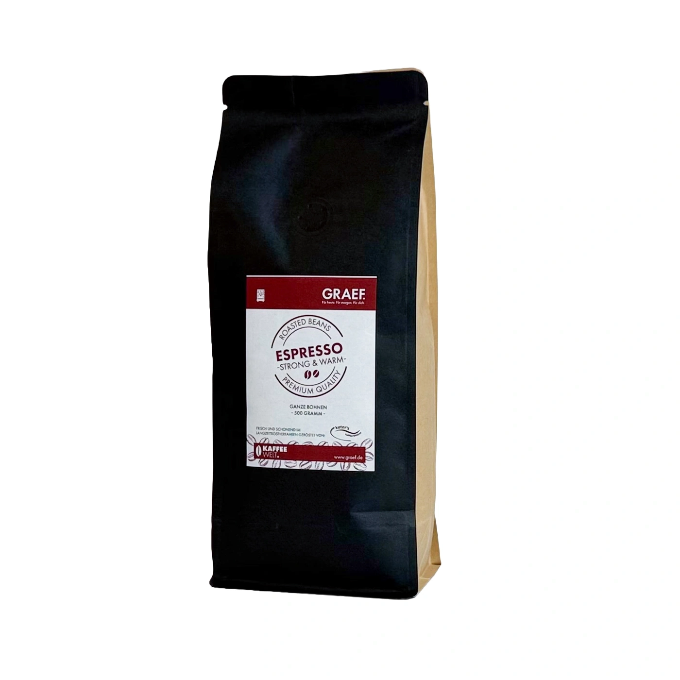 Eine Packung GRAEF Espresso Kaffee mit der Aufschrift "Strong & Warm".