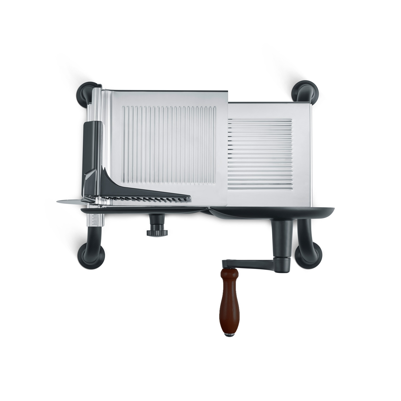 Affettatrice, elettrodomestico, metallo, legno, manovella, sfondo bianco, primo piano