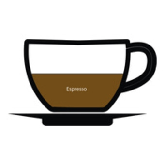 Espresso in einer Tasse, braune Flüssigkeit, serviert auf einer Untertasse.