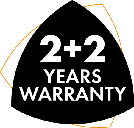 2+2 Years Warranty, black triangle with orange outline, white text