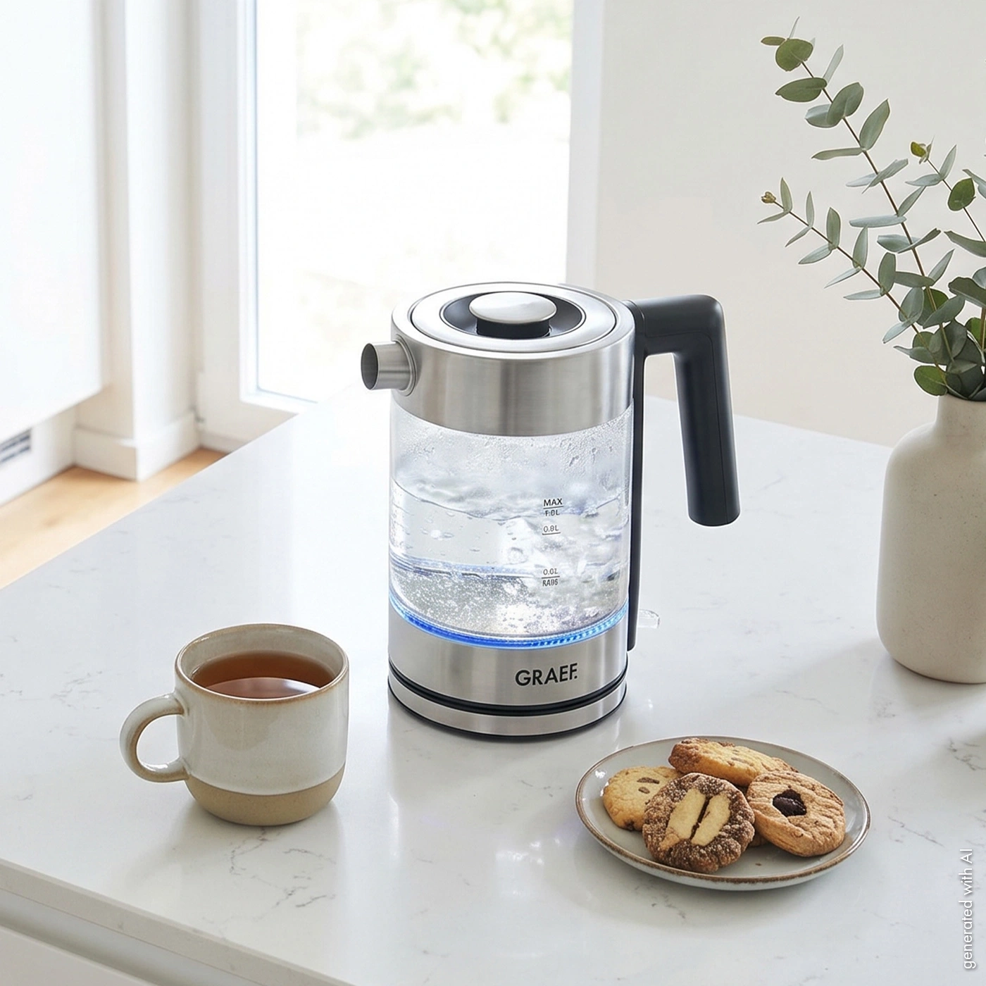 Ein Wasserkocher mit Tasse und Keksen auf einem Marmortresen.