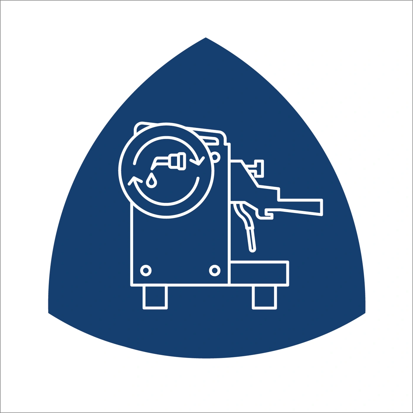 Kaffeemaschine in einem blauen Dreieck, Symbol für Kaffeezubereitung und Reinigung