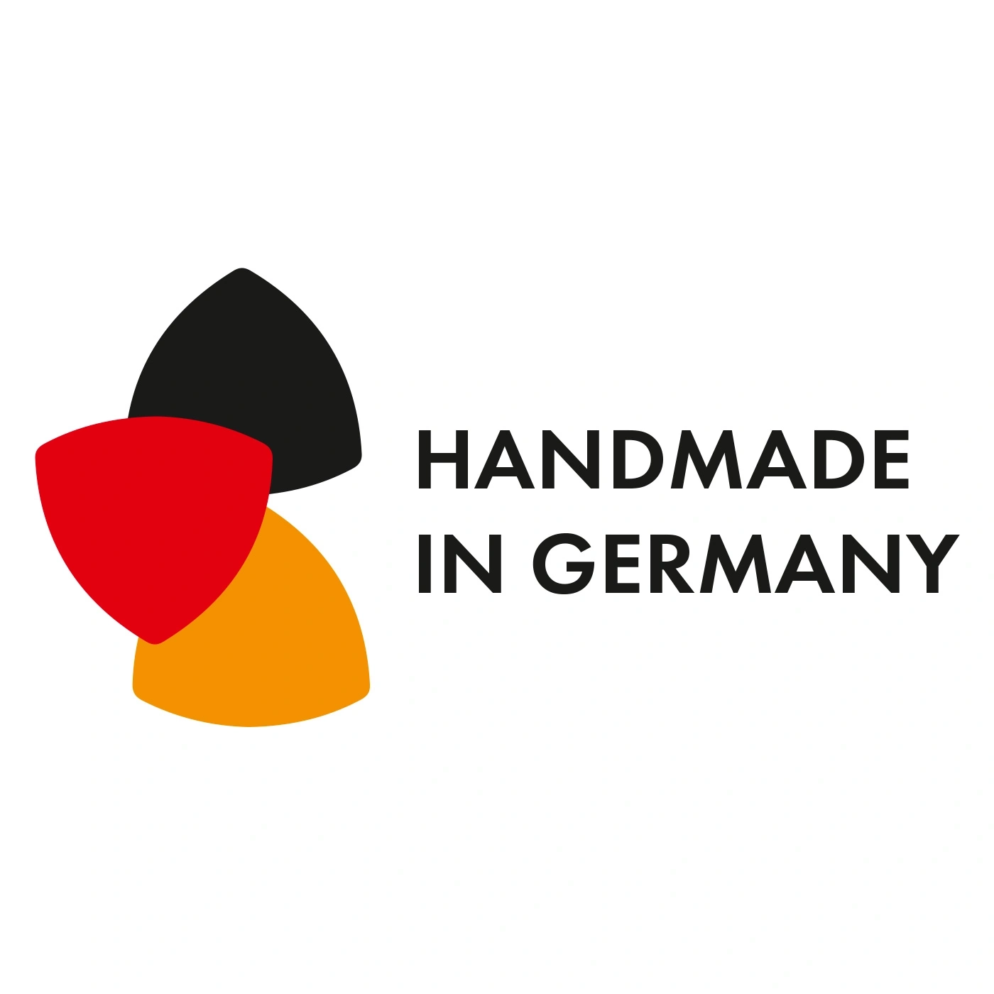 Logo mit den Farben der deutschen Flagge und dem Text 'Handmade in Germany'