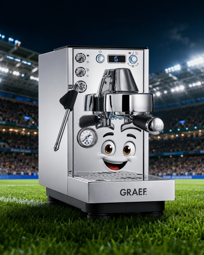 Kaffeemaschine mit Gesicht auf Fußballfeld im Stadion