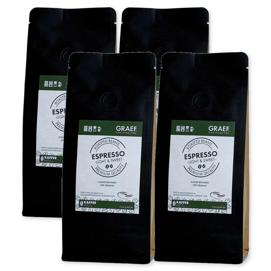 Vier schwarze Kaffeepackungen mit der Aufschrift Graef Espresso