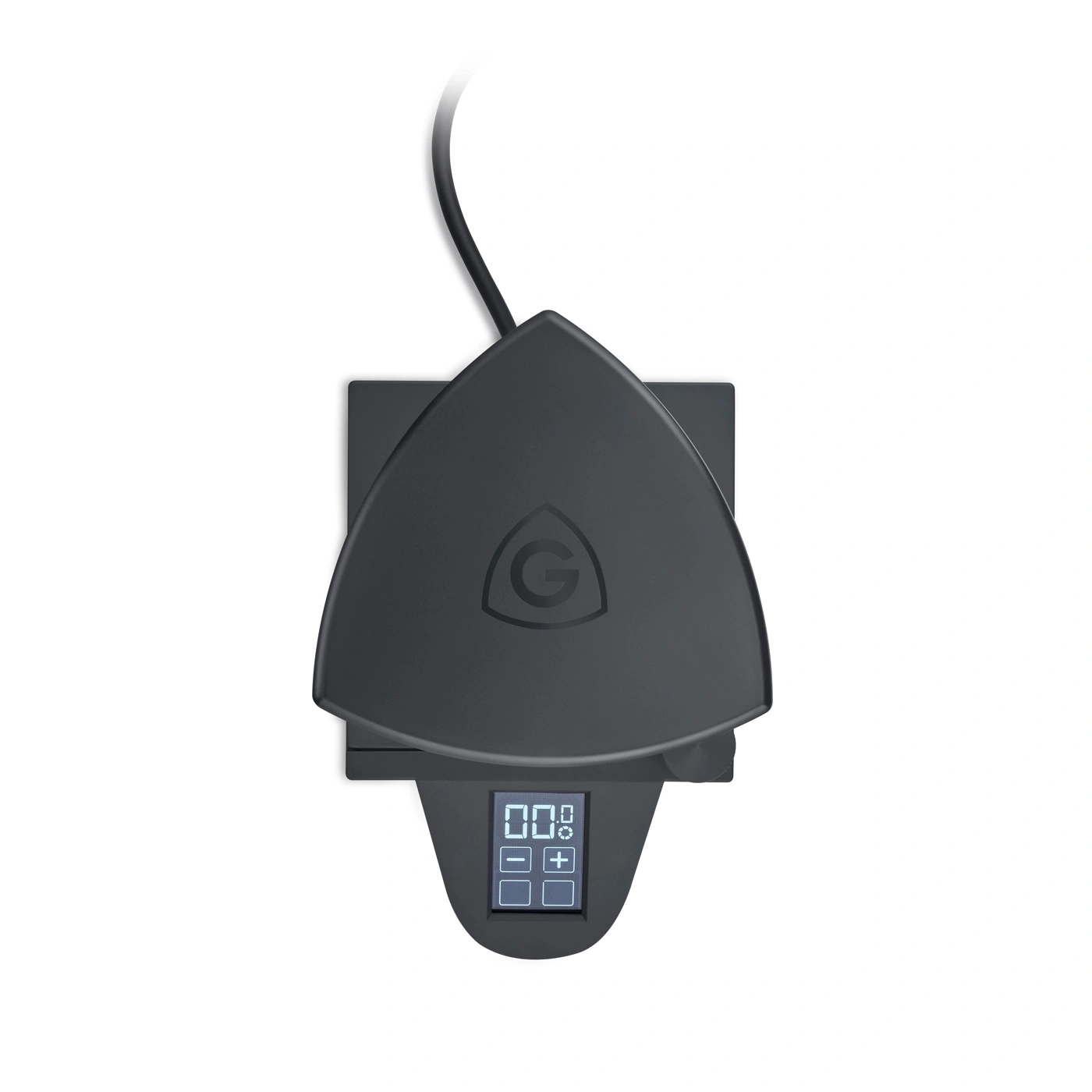 Schwarze Waage mit Display und Logo, Kabelanschluss, elektronisch, modern