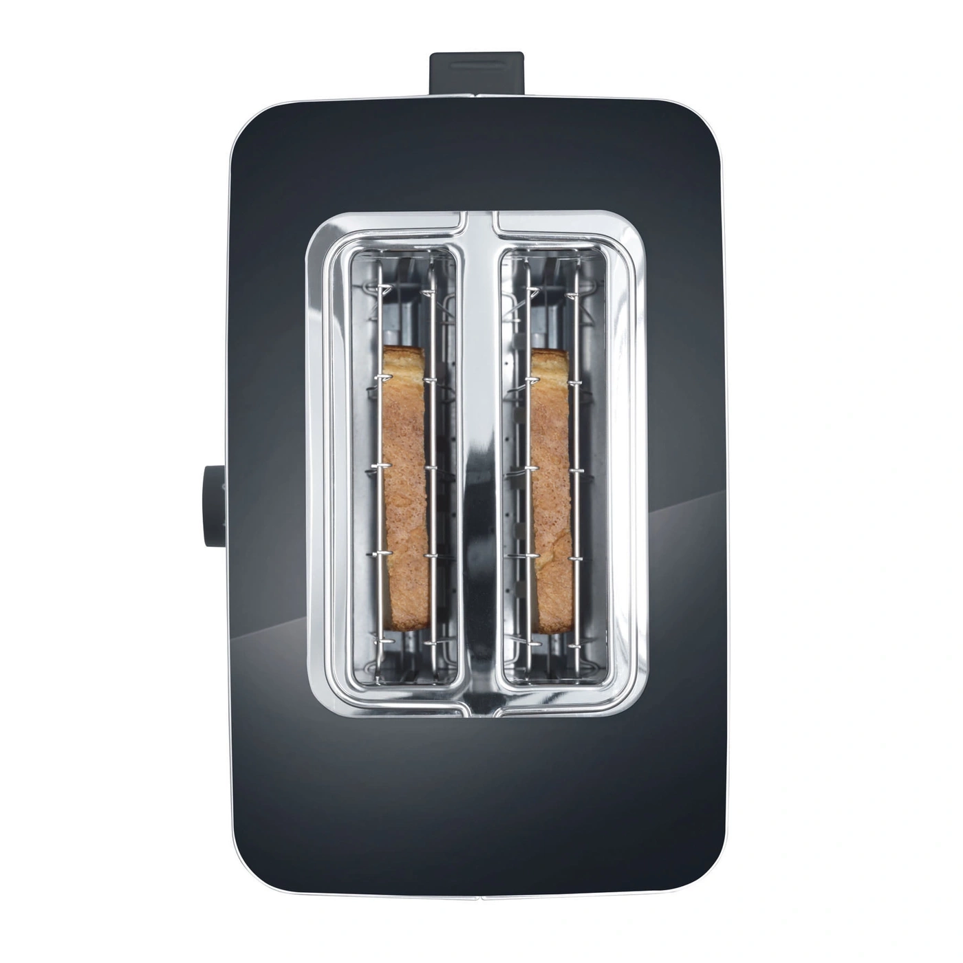 Schwarzer Toaster mit zwei Toastscheiben, die aus dem Toaster herausragen.