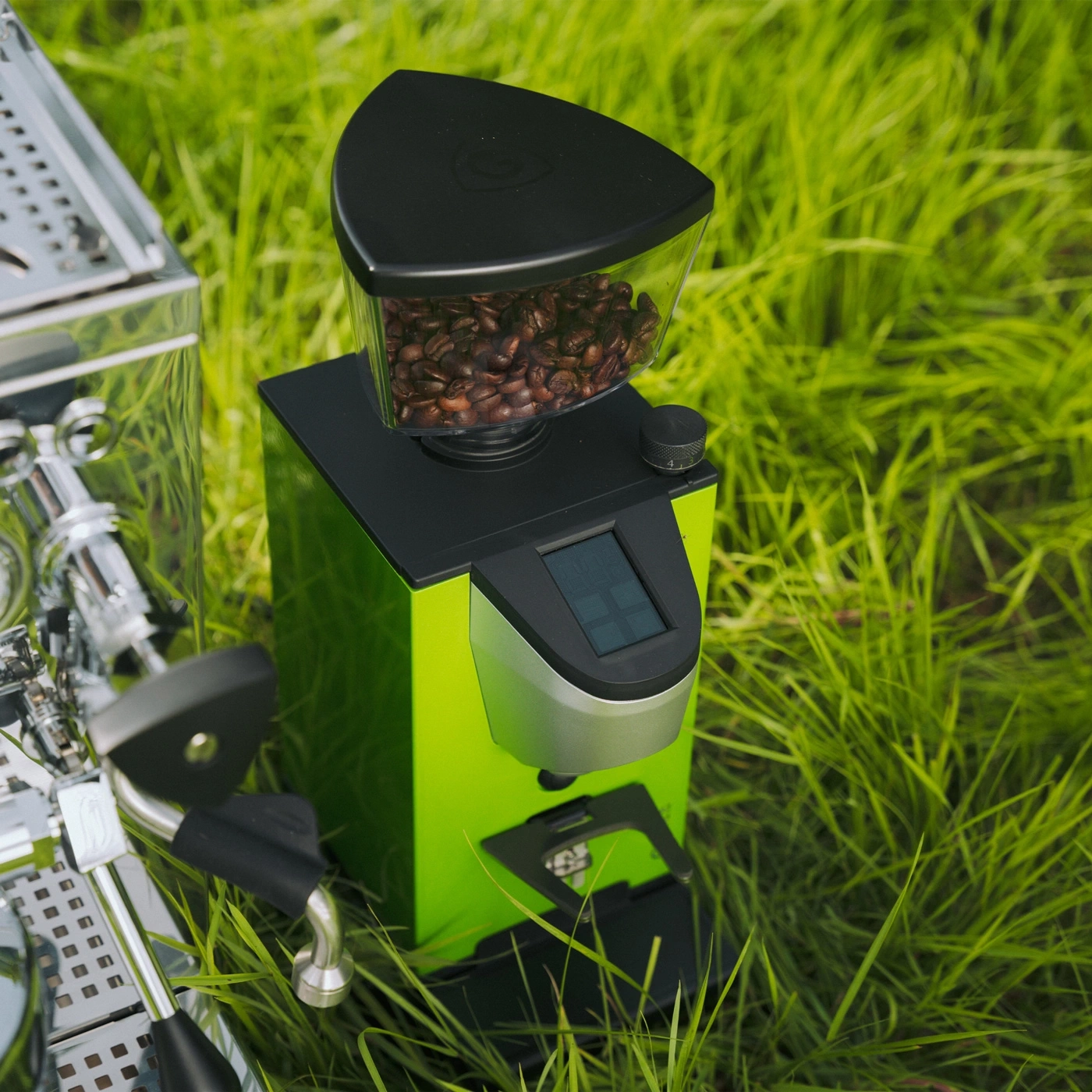 Ein grüner Kaffeemühle mit Kaffeebohnen im Gras.