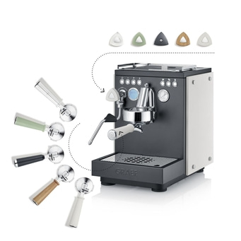 Espresso machine with accessories and various handles in different colors.