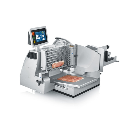 Ein automatischer Fleischschneider mit Touchscreen und zwei Fleischstücken.