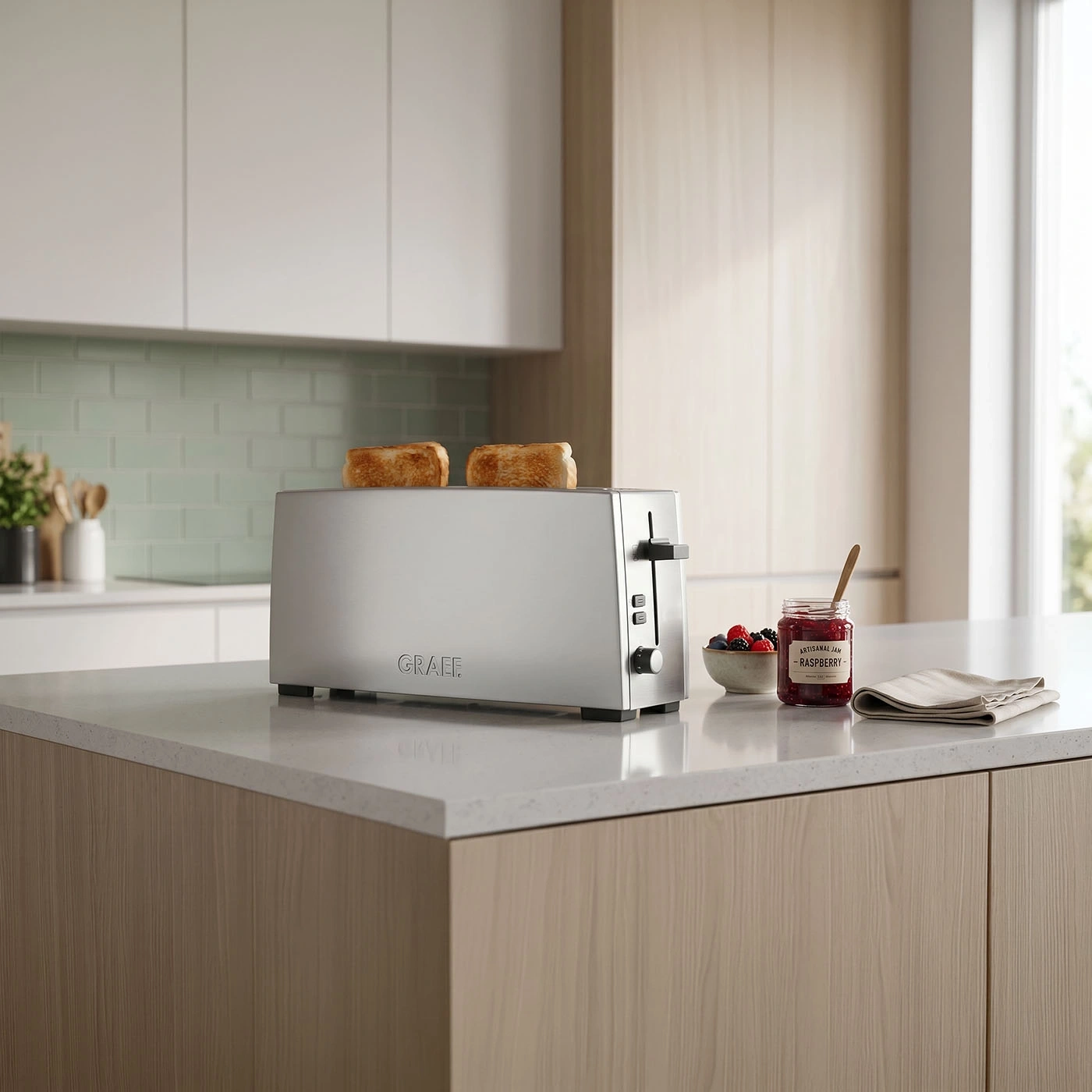 Ein Toaster mit Toast, Marmelade und Beeren auf einer Küchentheke.