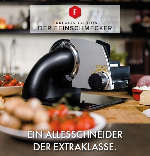 Allesschneider der Extraklasse mit Logo und Text. Graef.