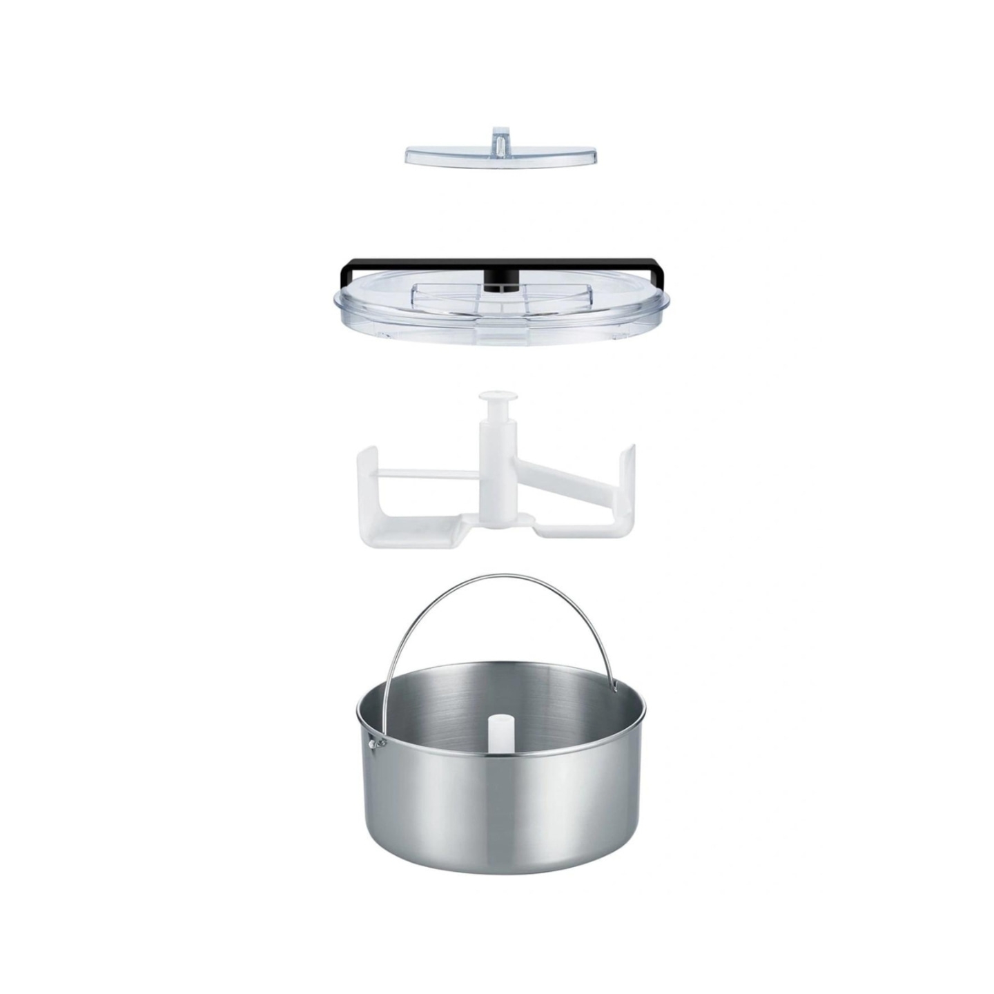 Disassembled ice cream maker with lid, beater, and stainless steel container.