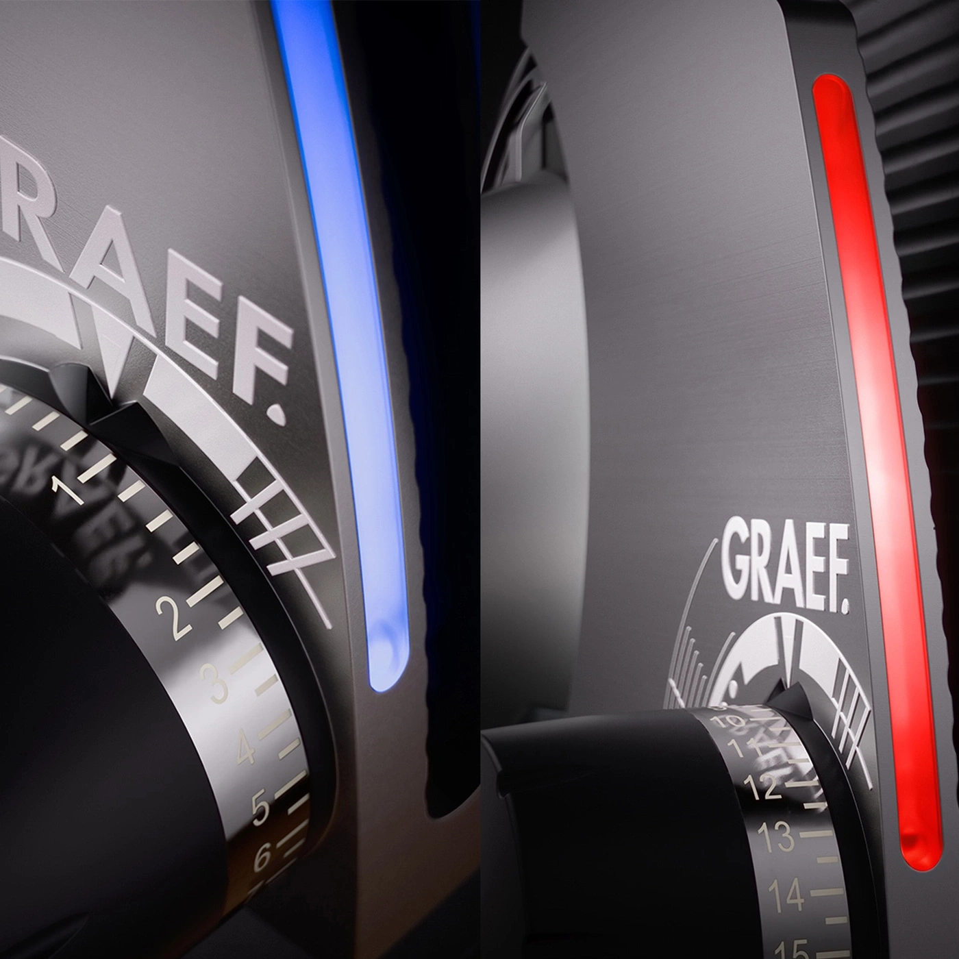 Graef Kaffeemühle, blaues und rotes Licht, Detailaufnahme, Nahaufnahme, modern