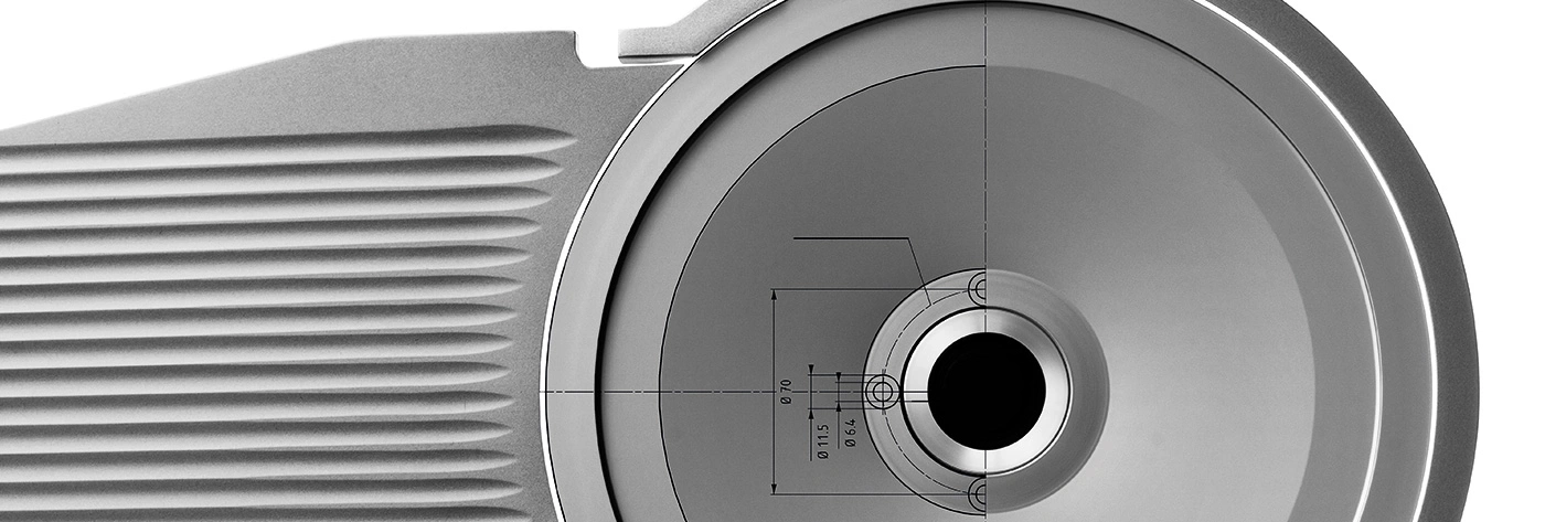 Nahaufnahme einer grauen Maschine mit technischen Zeichnungen und Details