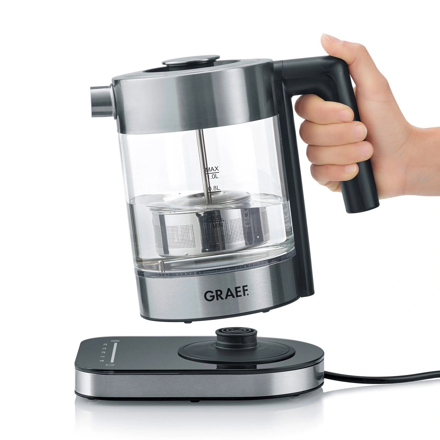 Graef Wasserkocher mit Teefilter, Glas, Edelstahl, Hand gehalten, Basis