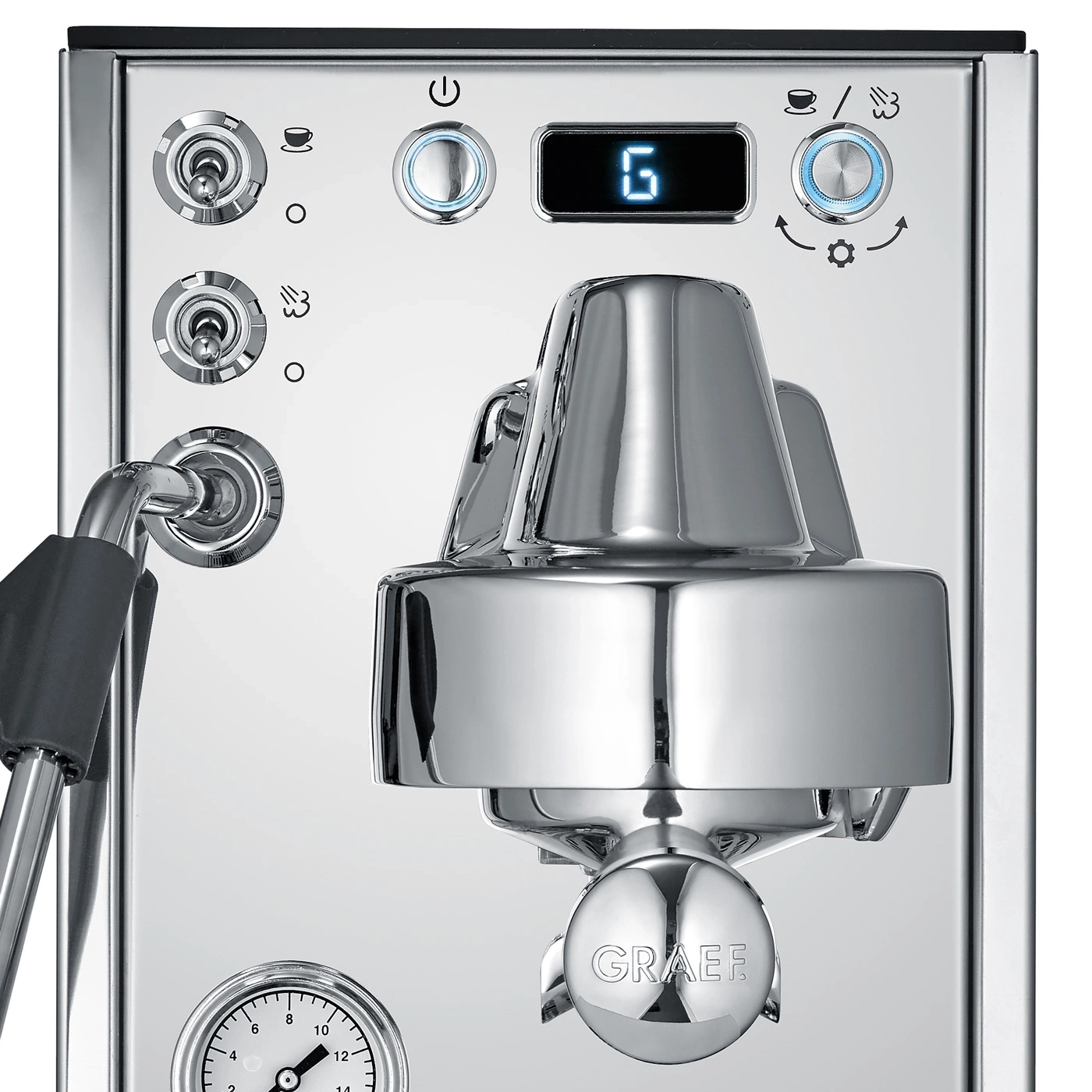 Eine Nahaufnahme einer Chrom-Espressomaschine mit Knöpfen, einem Display und einem Manometer.
