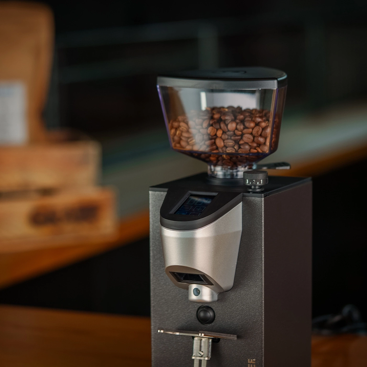 Kaffeemühle mit gerösteten Kaffeebohnen im Trichter, Nahaufnahme