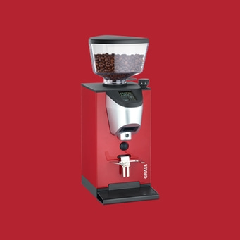 Rote Kaffeemühle mit Bohnenbehälter und digitaler Anzeige, GRAEF-Logo