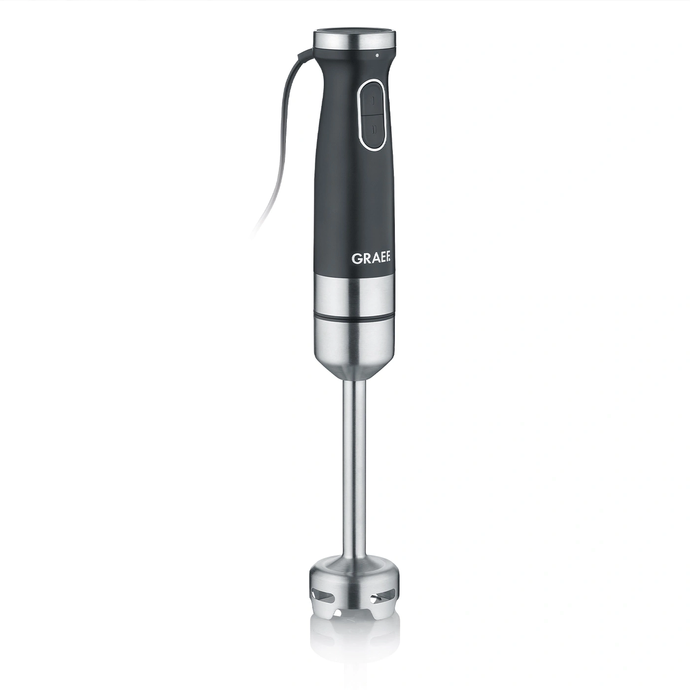 Schwarzer Stabmixer mit Edelstahl-Elementen und Kabel, GRAEF-Logo