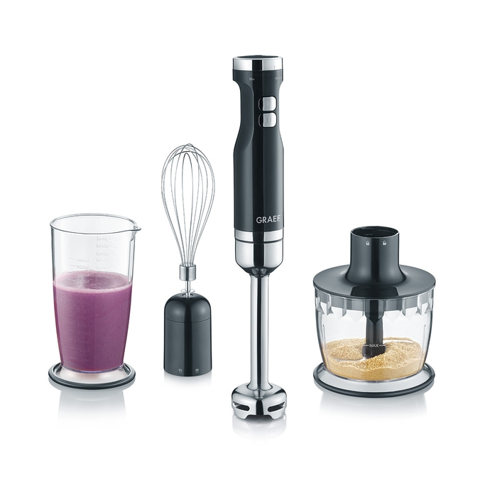 Frullatore a immersione nero con accessori, bicchiere, frusta e tritatutto.