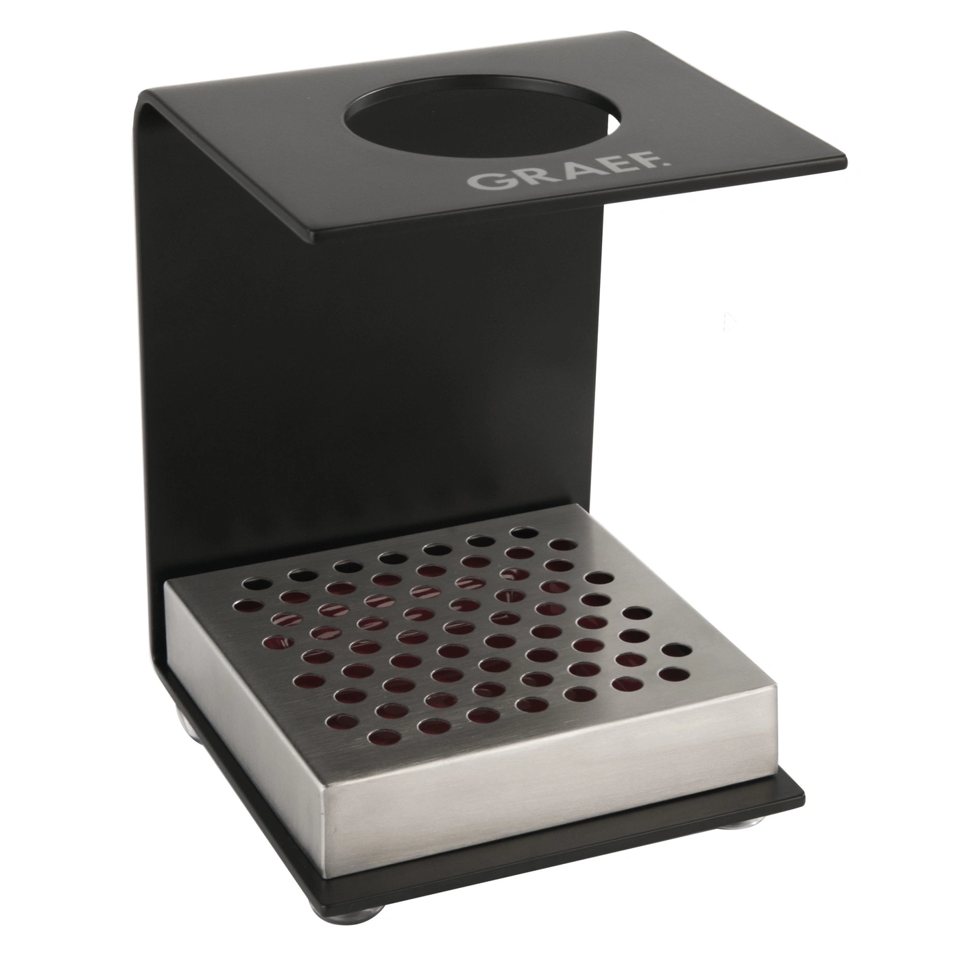 Schwarzer Metall-Kaffeefilterhalter mit Loch und GRAEF-Logo.