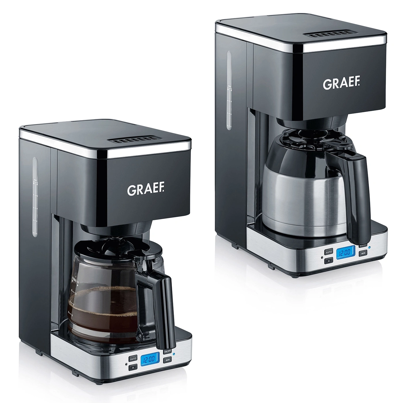 Zwei schwarze Kaffeemaschinen mit digitaler Anzeige und GRAEF-Logo.