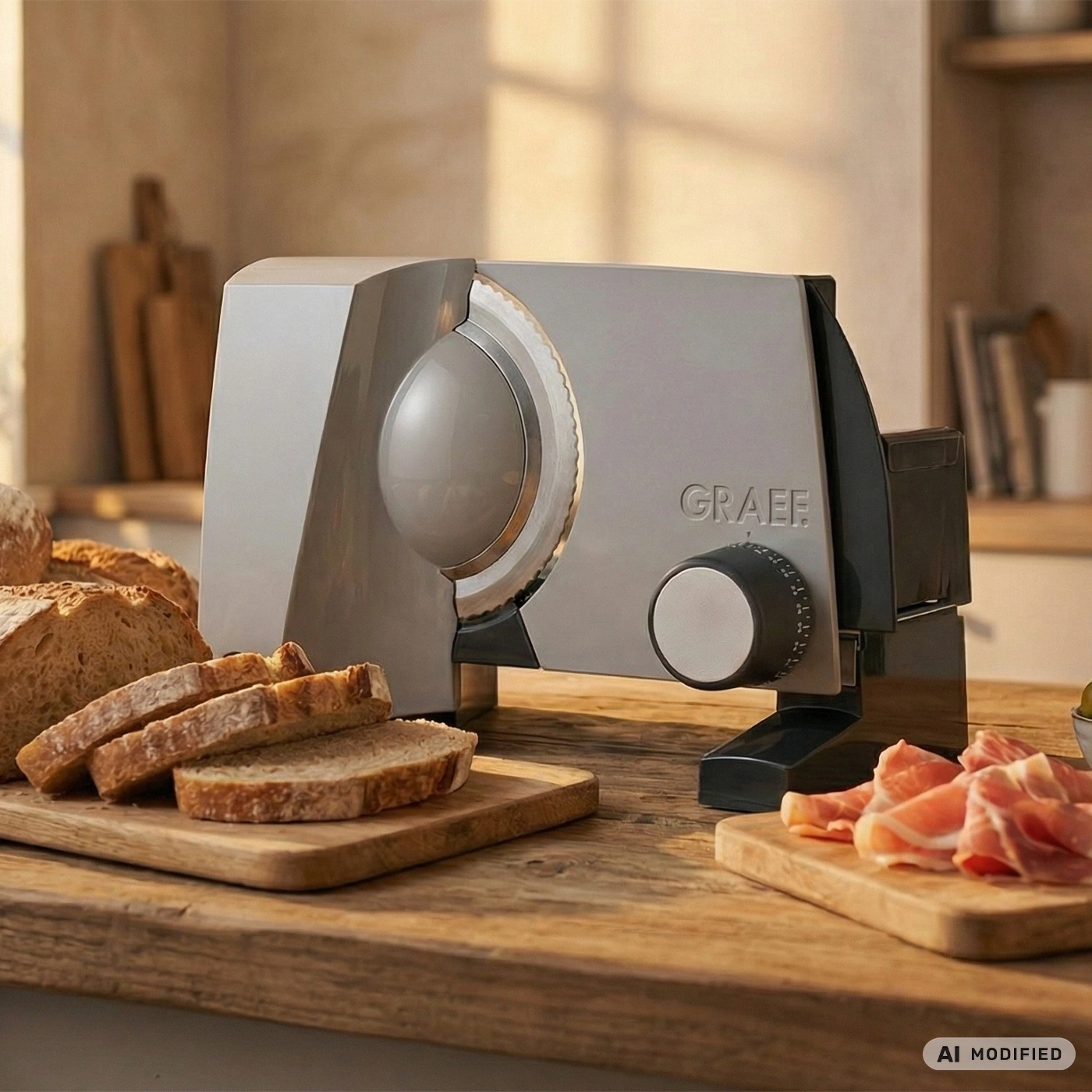 Graef Aufschnittmaschine mit Brot und Schinken auf Holztisch