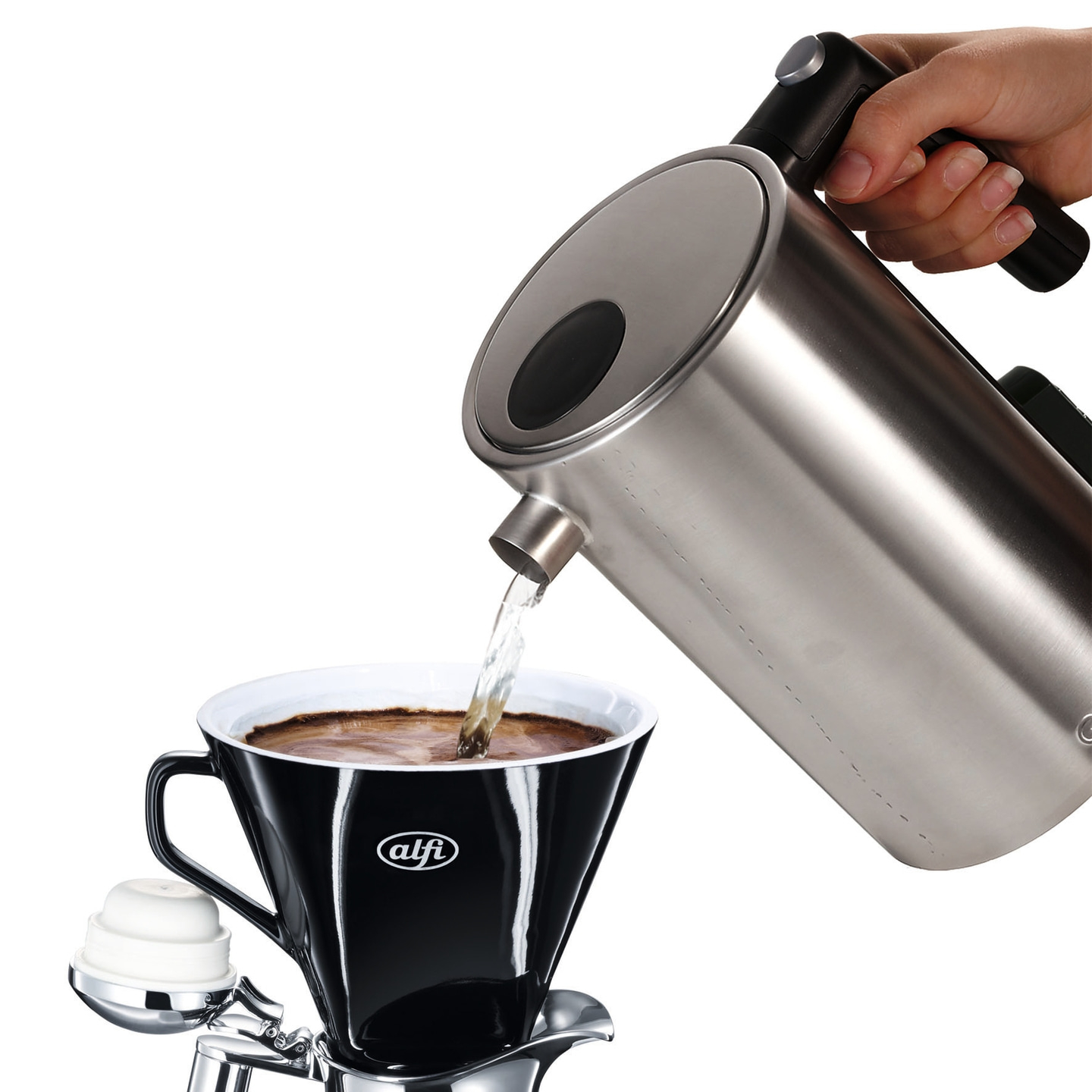 Kettle pouring water into a black coffee cup, alfi logo, coffee brewing.