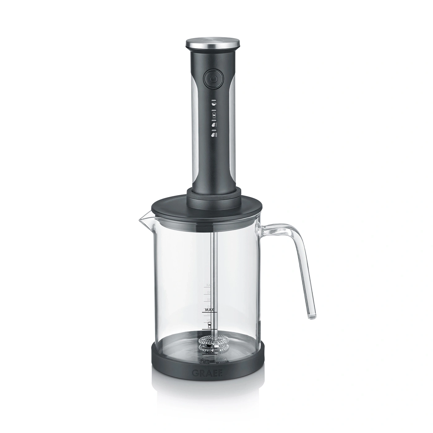 Milchaufschäumer mit Glasbehälter und Griff, elektrisch, grau und silber