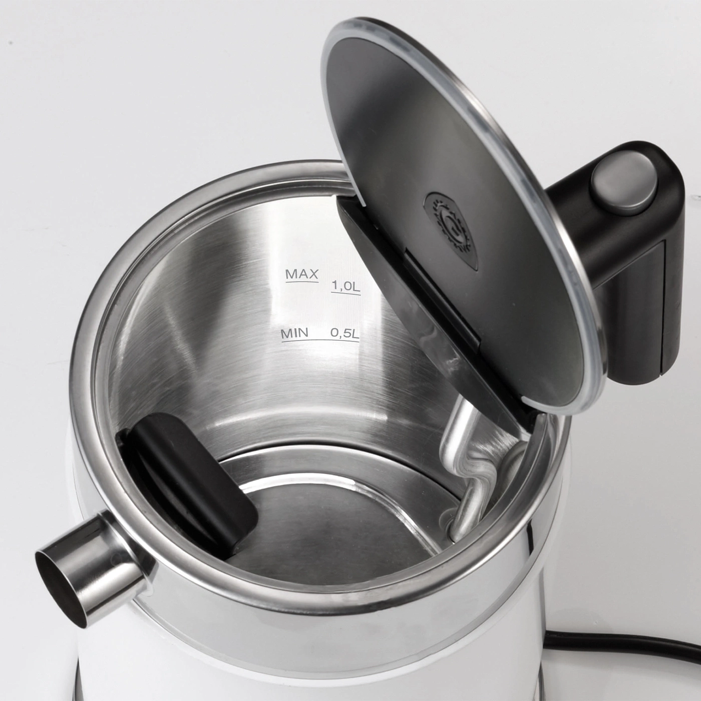 Wasserkocher, offen, Edelstahl, Deckel, Griff, MAX, MIN, 1,0L, 0,5L, weiß