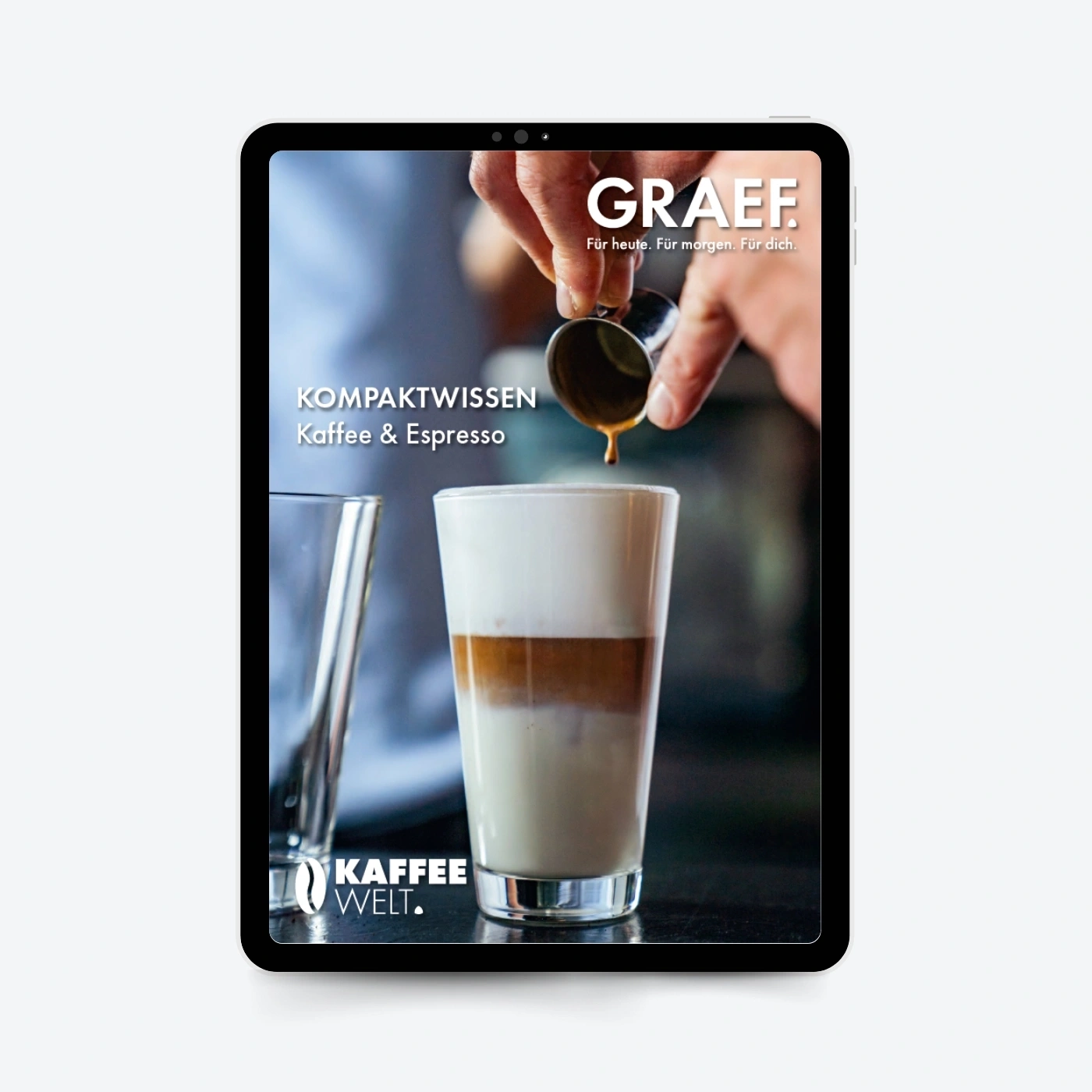 Tablet mit Kaffee-Espresso-Getränk, GRAEF-Logo, Kaffeewelt, Kompaktwissen Kaffee & Espresso