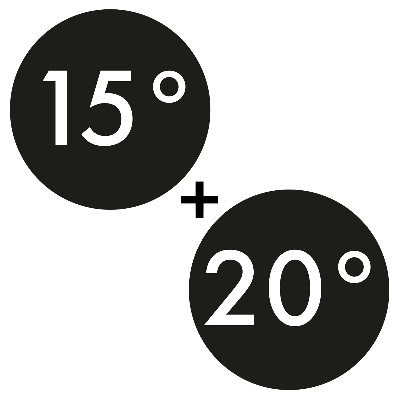 Zwei schwarze Kreise mit Temperaturen, 15 Grad und 20 Grad, verbunden durch ein Pluszeichen.