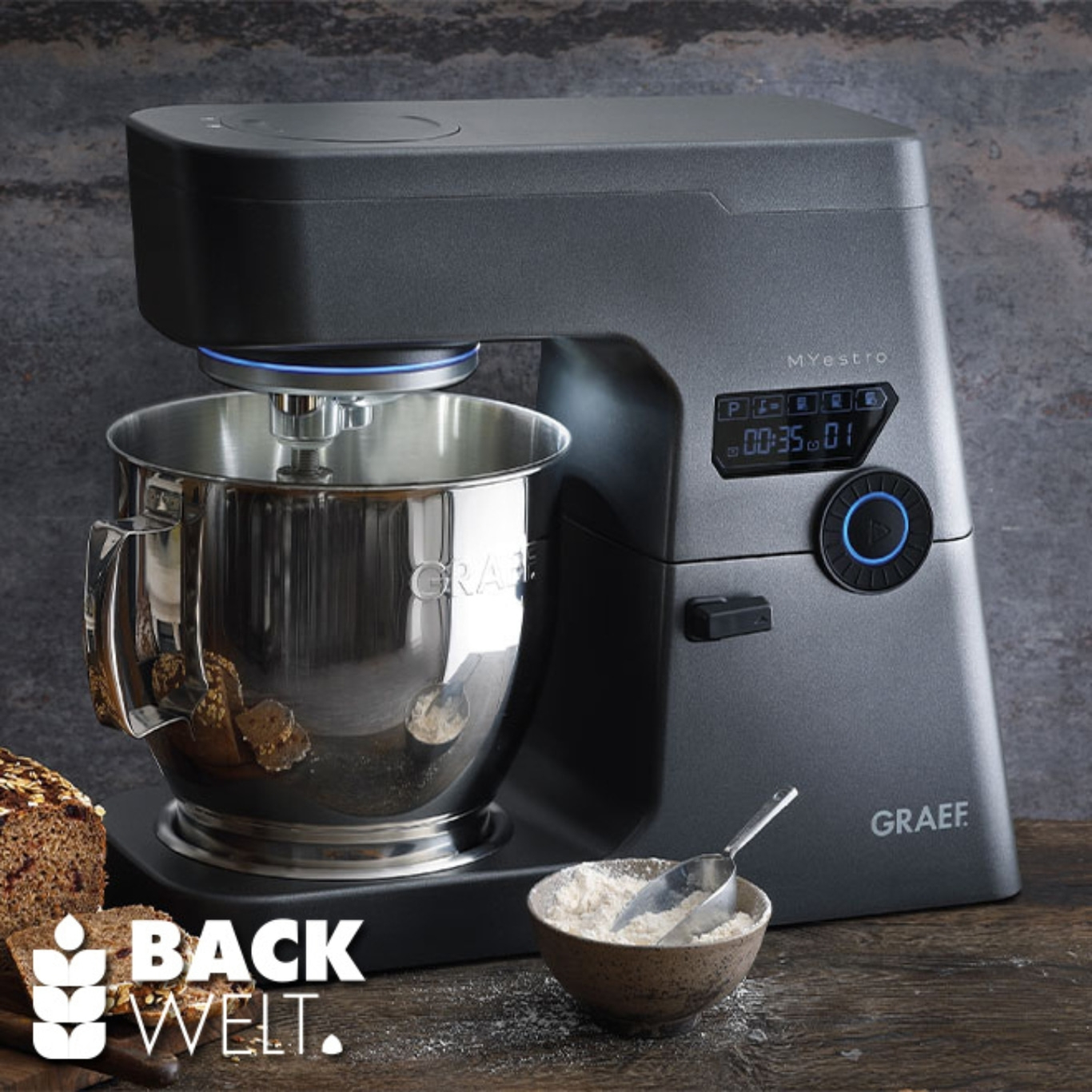 Graef Küchenmaschine, Backwelt, Brot, Mehl, Schüssel, Edelstahl, Myestro, Küchengerät