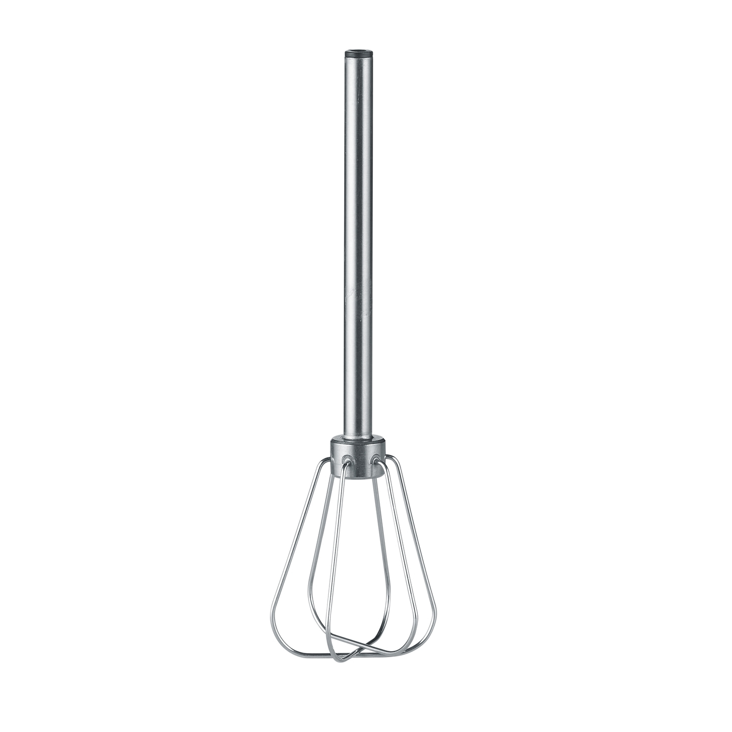 Ein silberner Schneebesen mit einem langen Griff und Drahtschleifen.