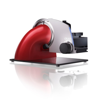 Elektrische Aufschnittmaschine in rot, mit schwarzem Drehknopf und Glasbodenplatte