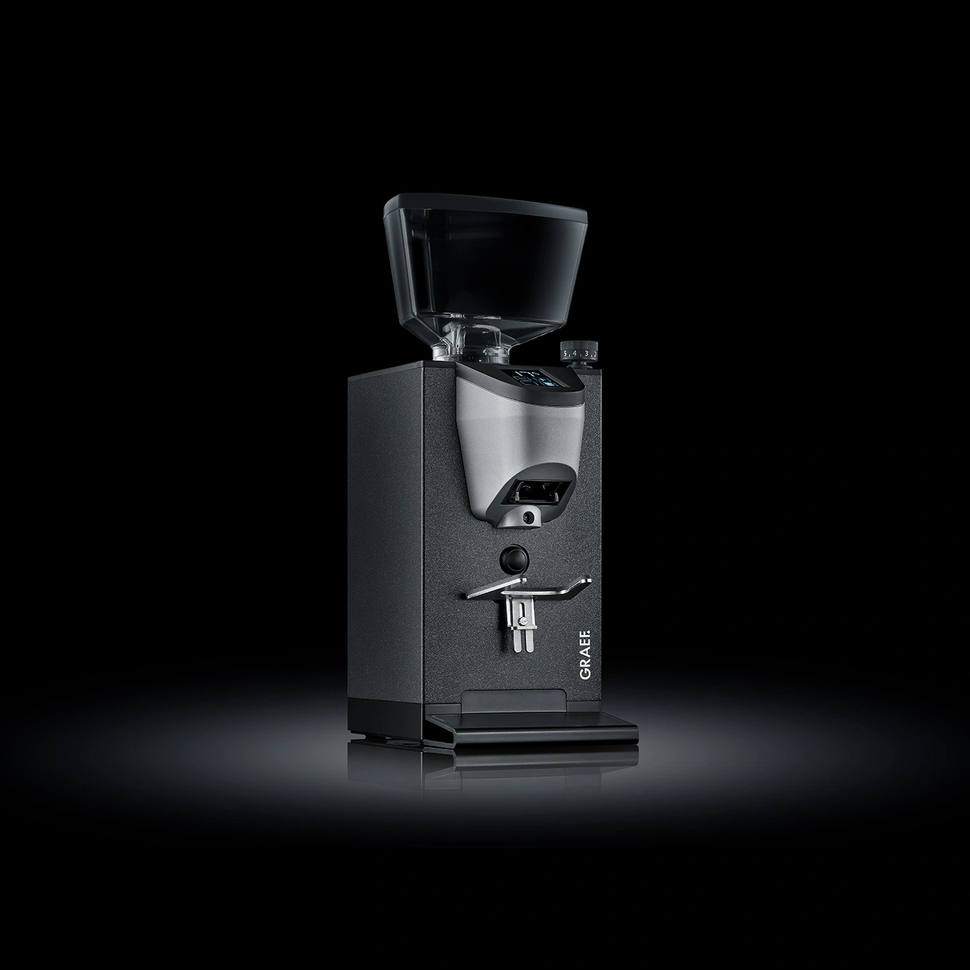 Kaffeemühle, schwarz, mit Bohnenbehälter, Graef-Logo, modernes Design, Studioaufnahme