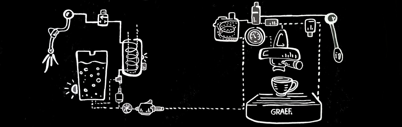 Schéma de préparation du café : Croquis d'une machine à expresso avec divers composants et le logo GRAEF.